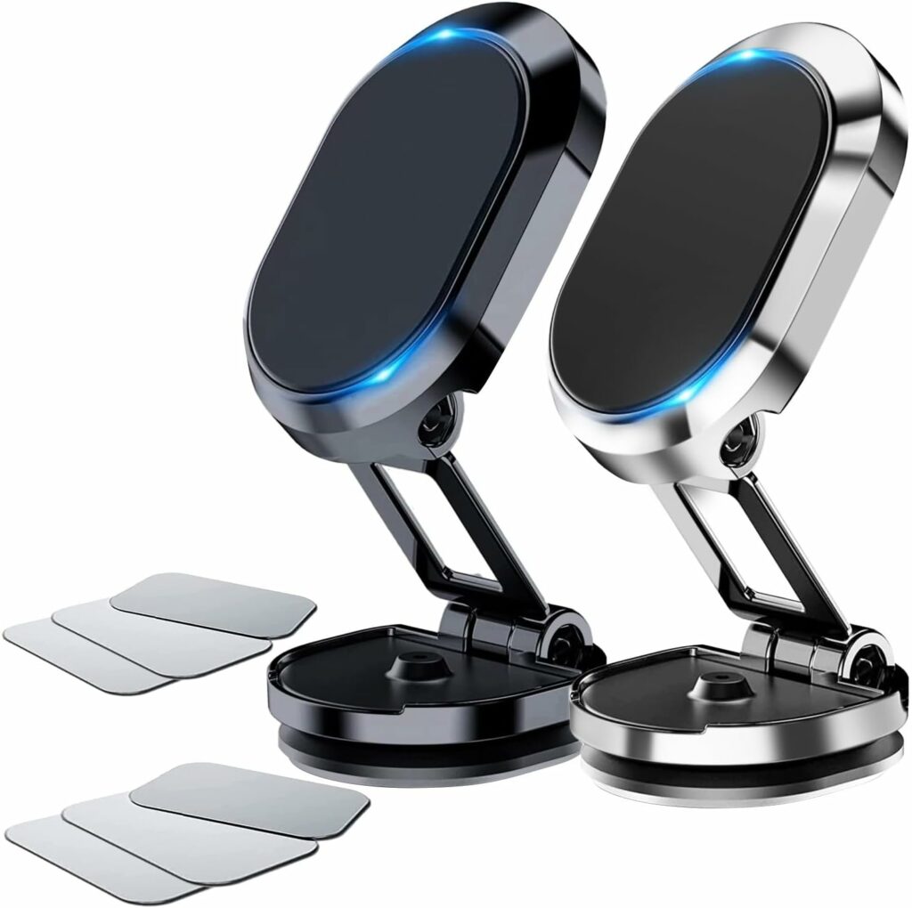 2 Pack Alloy Folding Magnetic Car Phone Holder,360° Rotation Magnetic Cell Phone Holder for Car [Super Strong Magnet] Bracket Magnetic Dashboard Phone Car Mount for All Smartphone (Silver+Black)