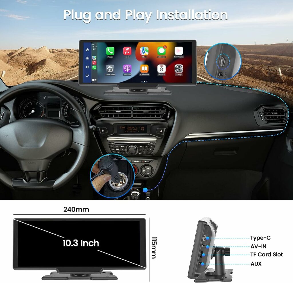 2023 Newest 10.3 inch Full Touch Screen Wireless CarPlay Portable Car Stereo with Wireless Android Auto, Voice Control, Backup Camera, 32G SD Card, AUX Cable 2023 Newest 10.3 inch Full Touch Screen Wireless CarPlay Portable Car Stereo with Wireless Android Auto, Voice Control, Backup Camera, 32G SD Card, AUX Cable