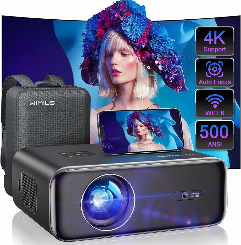 [Auto Focus] Projector with WiFi 6 and Bluetooth 5.2, 500 ANSI Projector 4K, WiMiUS P62 Native 1080P Outdoor Movie Projector, Auto 6D Keystone  50% Zoom, Smart Home Projector for Phone/PC/TV Stick
