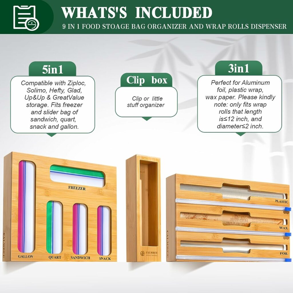 Calmbee Plastic Wrap Dispenser with Cutter and Ziplock Bag organizer, 9 IN 1 Bamboo Foil and Plastic Wrap Organizer for Kitchen Drawer, Ziplock Bag Storage Organizer for Gallon,Quart,Sandwich,Snack Calmbee Plastic Wrap Dispenser with Cutter and Ziplock Bag organizer, 9 IN 1 Bamboo Foil and Plastic Wrap Organizer for Kitchen Drawer, Ziplock Bag Storage Organizer for Gallon,Quart,Sandwich,Snack