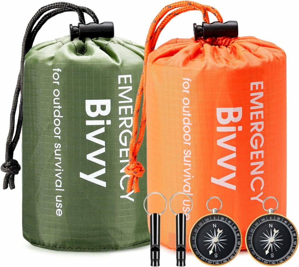 Esky Emergency Sleeping Bag, 2 Pack Portable Survival Thermal Bivy Sack, Waterproof Lightweight Survival Shelter Blanket Bags with Compass and Whistle for Camping Hiking Outdoor Adventure Esky Emergency Sleeping Bag, 2 Pack Portable Survival Thermal Bivy Sack, Waterproof Lightweight Survival Shelter Blanket Bags with Compass and Whistle for Camping Hiking Outdoor Adventure