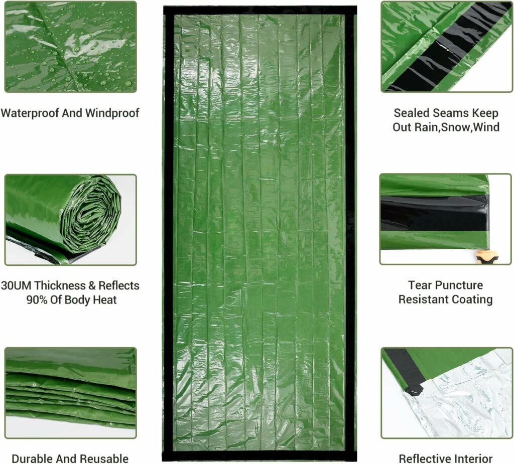 Esky Emergency Sleeping Bag, 2 Pack Portable Survival Thermal Bivy Sack, Waterproof Lightweight Survival Shelter Blanket Bags with Compass and Whistle for Camping Hiking Outdoor Adventure Esky Emergency Sleeping Bag, 2 Pack Portable Survival Thermal Bivy Sack, Waterproof Lightweight Survival Shelter Blanket Bags with Compass and Whistle for Camping Hiking Outdoor Adventure