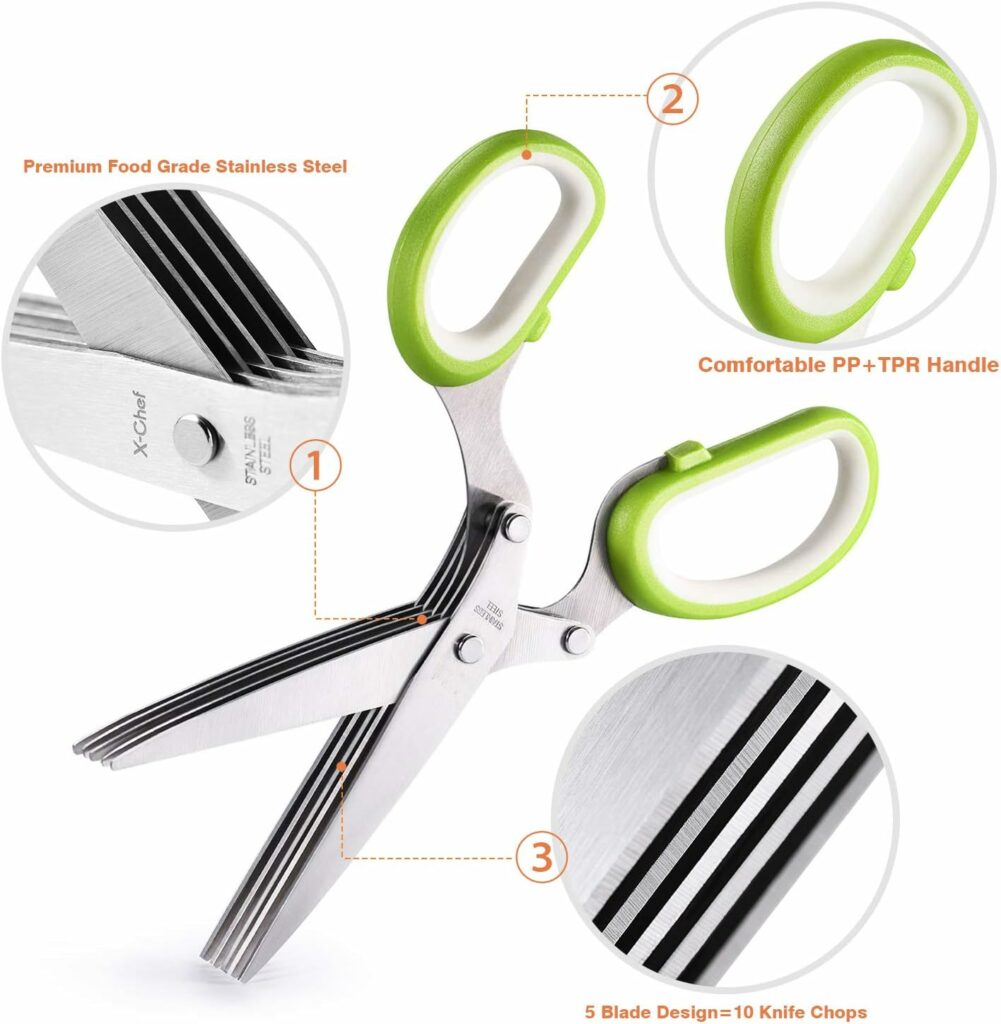 Herb Scissors, X-Chef Multipurpose 5 Blade Kitchen Herb Shears Herb Cutter with Safety Cover and Cleaning Comb for Chopping Basil Chive Parsley, Stainless Steel Herb Scissors, X-Chef Multipurpose 5 Blade Kitchen Herb Shears Herb Cutter with Safety Cover and Cleaning Comb for Chopping Basil Chive Parsley, Stainless Steel