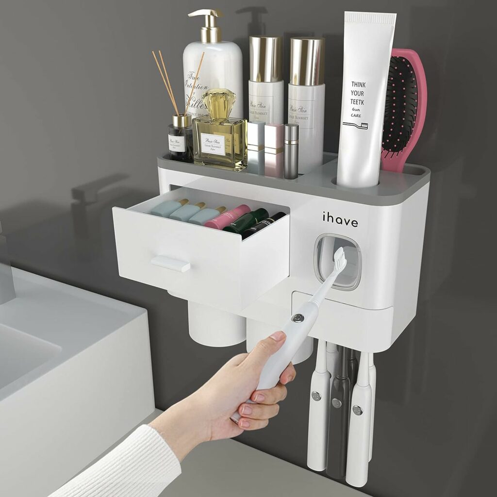 iHave Toothbrush Holders for Bathrooms, 2 Cups Toothbrush Holder Wall Mounted with Toothpaste Dispenser - Large Capacity Tray, Cosmetic Drawer - Bathroom Decor  Bathroom Accessories iHave Toothbrush Holders for Bathrooms, 2 Cups Toothbrush Holder Wall Mounted with Toothpaste Dispenser - Large Capacity Tray, Cosmetic Drawer - Bathroom Decor  Bathroom Accessories