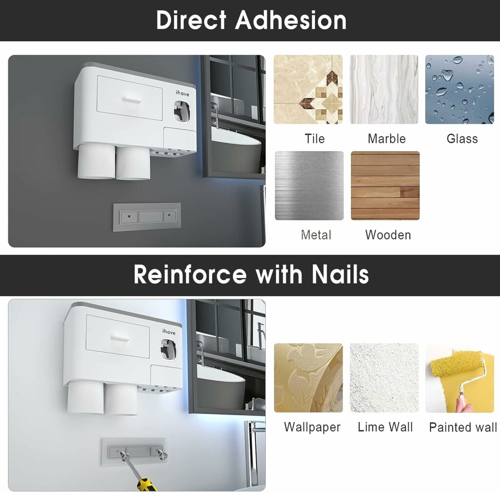 iHave Toothbrush Holders for Bathrooms, 2 Cups Toothbrush Holder Wall Mounted with Toothpaste Dispenser - Large Capacity Tray, Cosmetic Drawer - Bathroom Decor  Bathroom Accessories iHave Toothbrush Holders for Bathrooms, 2 Cups Toothbrush Holder Wall Mounted with Toothpaste Dispenser - Large Capacity Tray, Cosmetic Drawer - Bathroom Decor  Bathroom Accessories