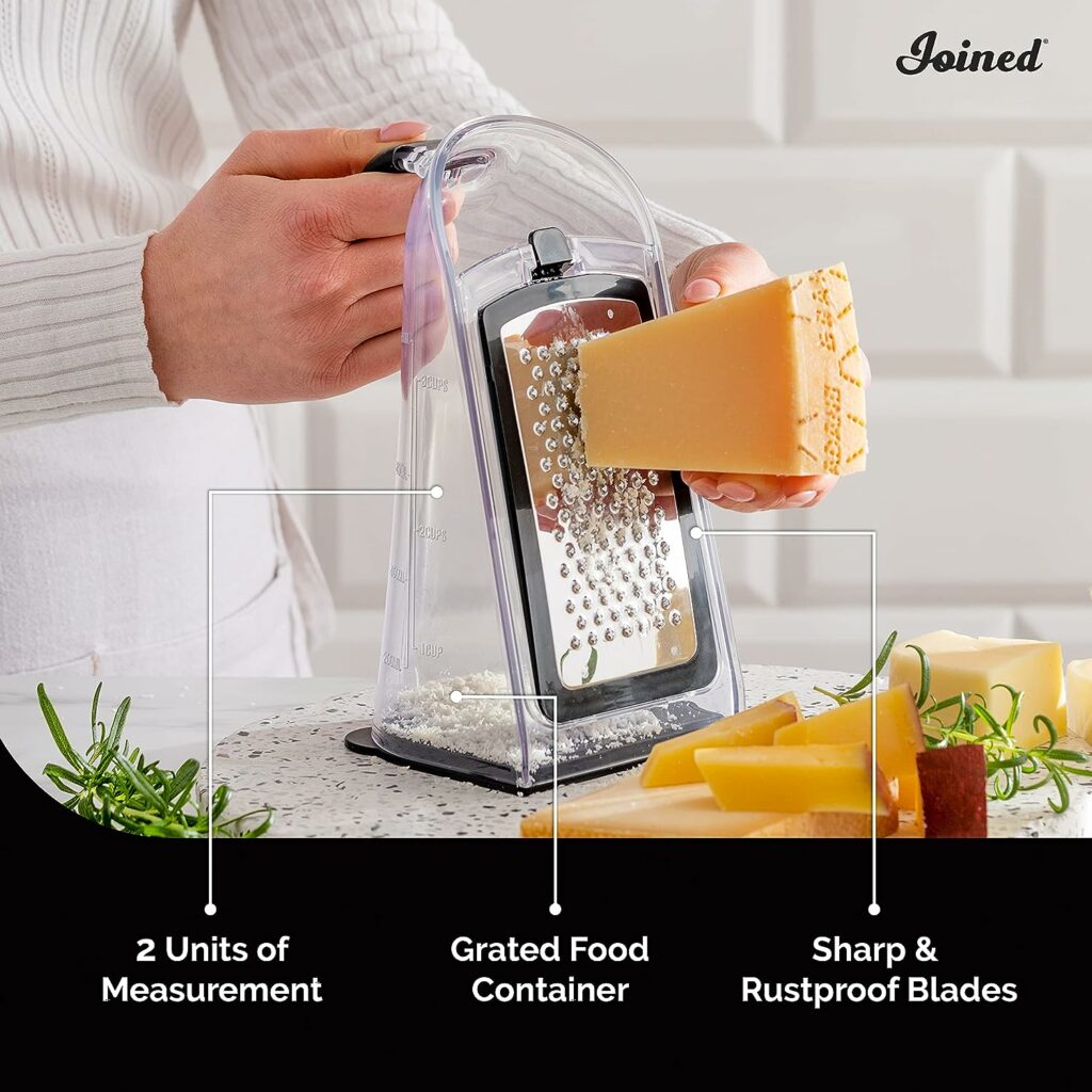 Joined Cheese Grater with Garlic Crusher - Box Grater Cheese Shredder - Cheese Grater with Handle - Graters for Kitchen Stainless Steel Food Grater - Garlic Mincer Tool and Vegetable Peeler Joined Cheese Grater with Garlic Crusher - Box Grater Cheese Shredder - Cheese Grater with Handle - Graters for Kitchen Stainless Steel Food Grater - Garlic Mincer Tool and Vegetable Peeler