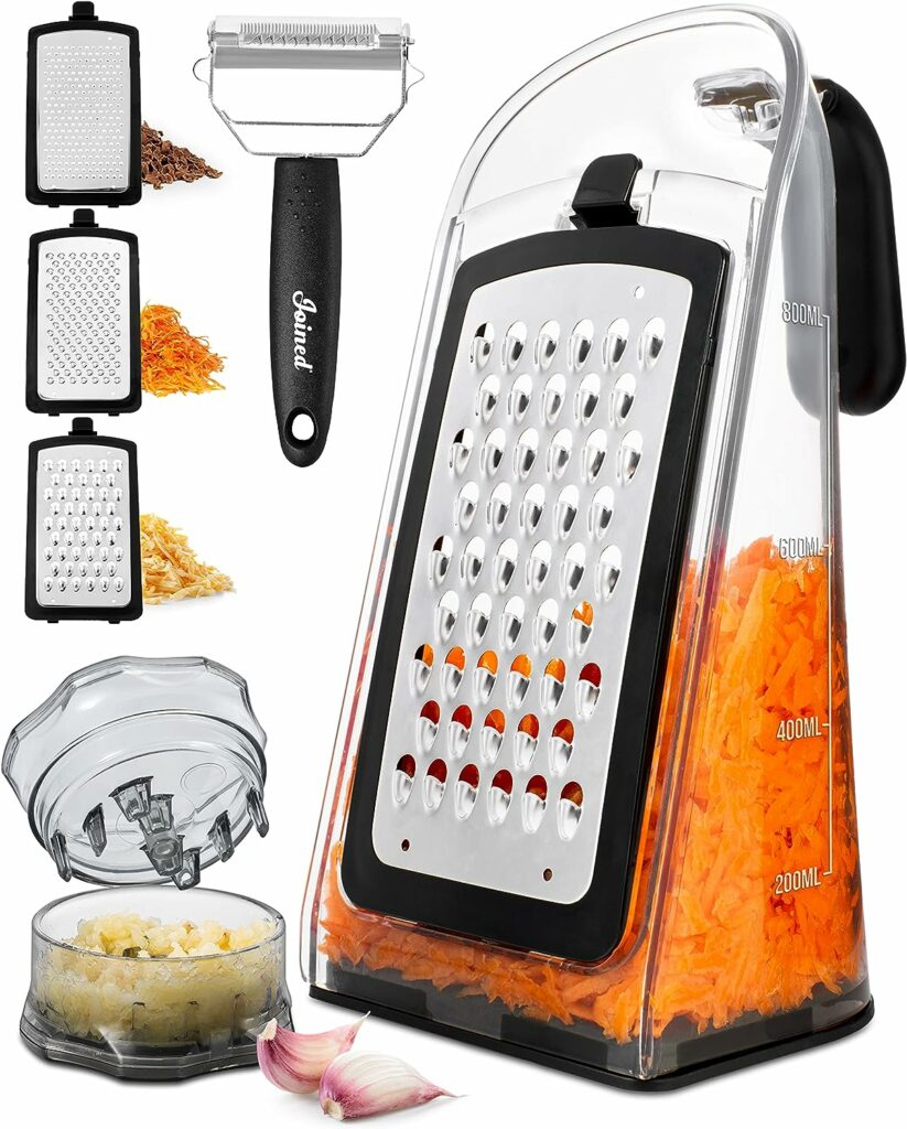 Joined Cheese Grater with Garlic Crusher - Box Grater Cheese Shredder - Cheese Grater with Handle - Graters for Kitchen Stainless Steel Food Grater - Garlic Mincer Tool and Vegetable Peeler Joined Cheese Grater with Garlic Crusher - Box Grater Cheese Shredder - Cheese Grater with Handle - Graters for Kitchen Stainless Steel Food Grater - Garlic Mincer Tool and Vegetable Peeler