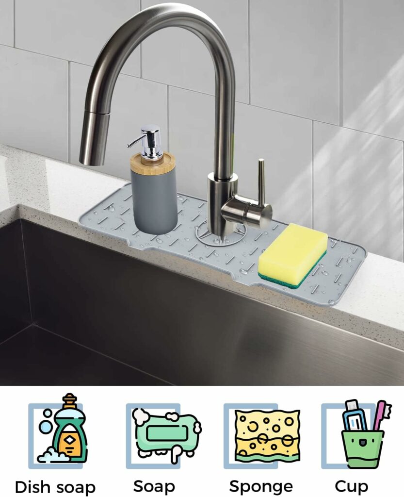 Kitchen Sink Splash Guard - Silicone Faucet Handle Drip Catcher Tray, Dish Soap Dispenser and Sponge Holder Mat Behind Faucet, Kitchen Guard Gadgets Sink Accessories for Kitchen Counter and Bathroom Kitchen Sink Splash Guard - Silicone Faucet Handle Drip Catcher Tray, Dish Soap Dispenser and Sponge Holder Mat Behind Faucet, Kitchen Guard Gadgets Sink Accessories for Kitchen Counter and Bathroom