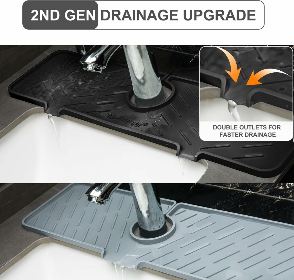 Meiliweser Silicone Faucet Splash Guard Gen 2 - Outlet  Slope Upgraded Faucet Water Catcher Mat - 18” x 5.1” - Sink Sponge Holder for Kitchen, Bathroom(Black) Meiliweser Silicone Faucet Splash Guard Gen 2 - Outlet  Slope Upgraded Faucet Water Catcher Mat - 18” x 5.1” - Sink Sponge Holder for Kitchen, Bathroom(Black)