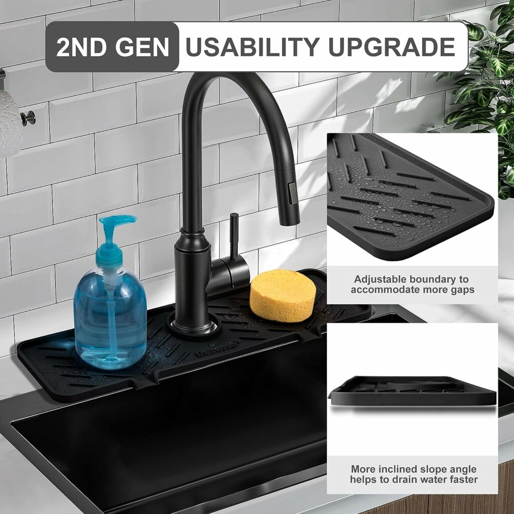 Meiliweser Silicone Faucet Splash Guard Gen 2 - Outlet  Slope Upgraded Faucet Water Catcher Mat - 18” x 5.1” - Sink Sponge Holder for Kitchen, Bathroom(Black) Meiliweser Silicone Faucet Splash Guard Gen 2 - Outlet  Slope Upgraded Faucet Water Catcher Mat - 18” x 5.1” - Sink Sponge Holder for Kitchen, Bathroom(Black)