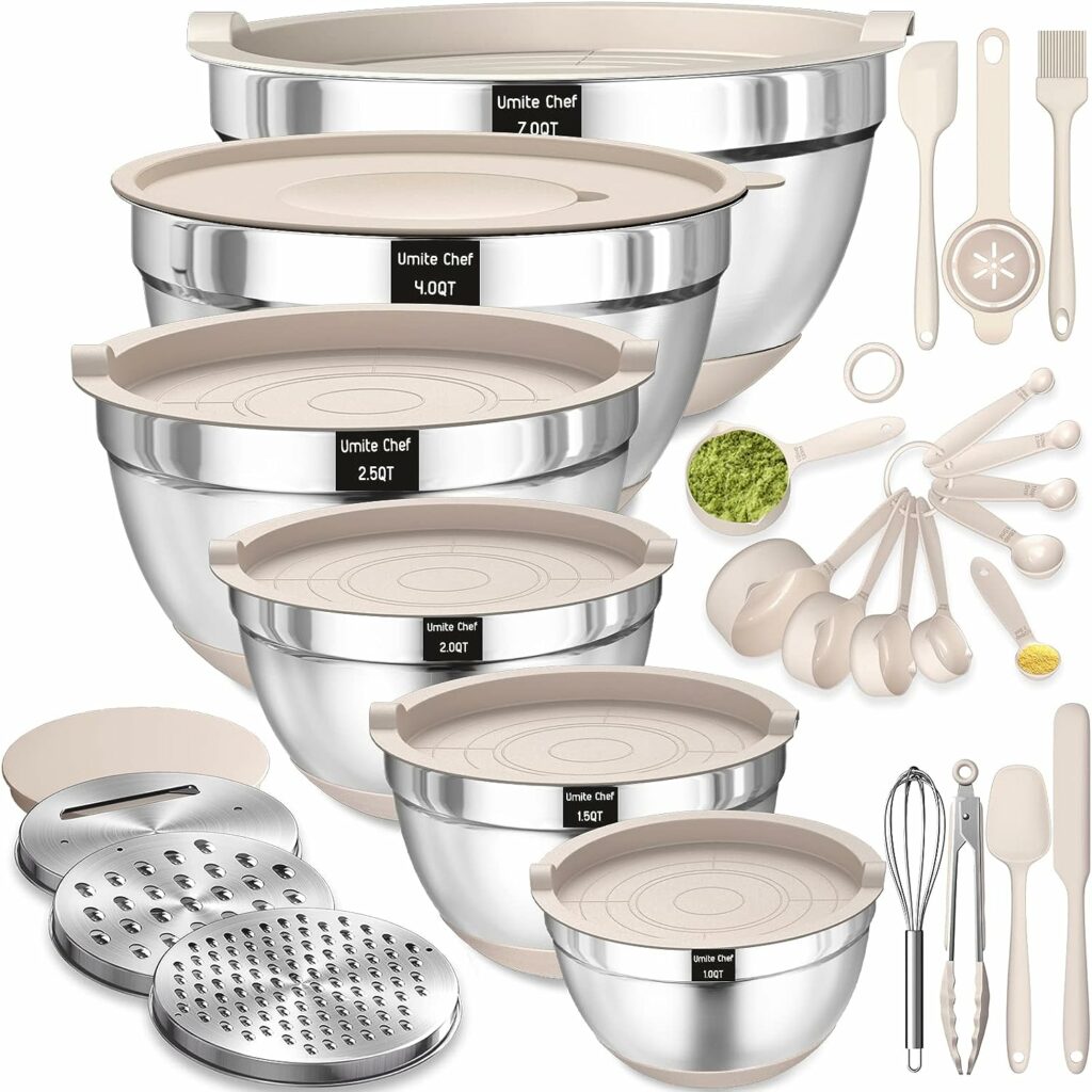 Mixing Bowls with Airtight Lids Set, 26PCS Stainless Steel Khaki Bowls with Grater Attachments, Non-Slip Bottoms  Kitchen Gadgets Set, Size 7, 4, 2.5, 2.0,1.5, 1QT, Great for Mixing  Serving Mixing Bowls with Airtight Lids Set, 26PCS Stainless Steel Khaki Bowls with Grater Attachments, Non-Slip Bottoms  Kitchen Gadgets Set, Size 7, 4, 2.5, 2.0,1.5, 1QT, Great for Mixing  Serving