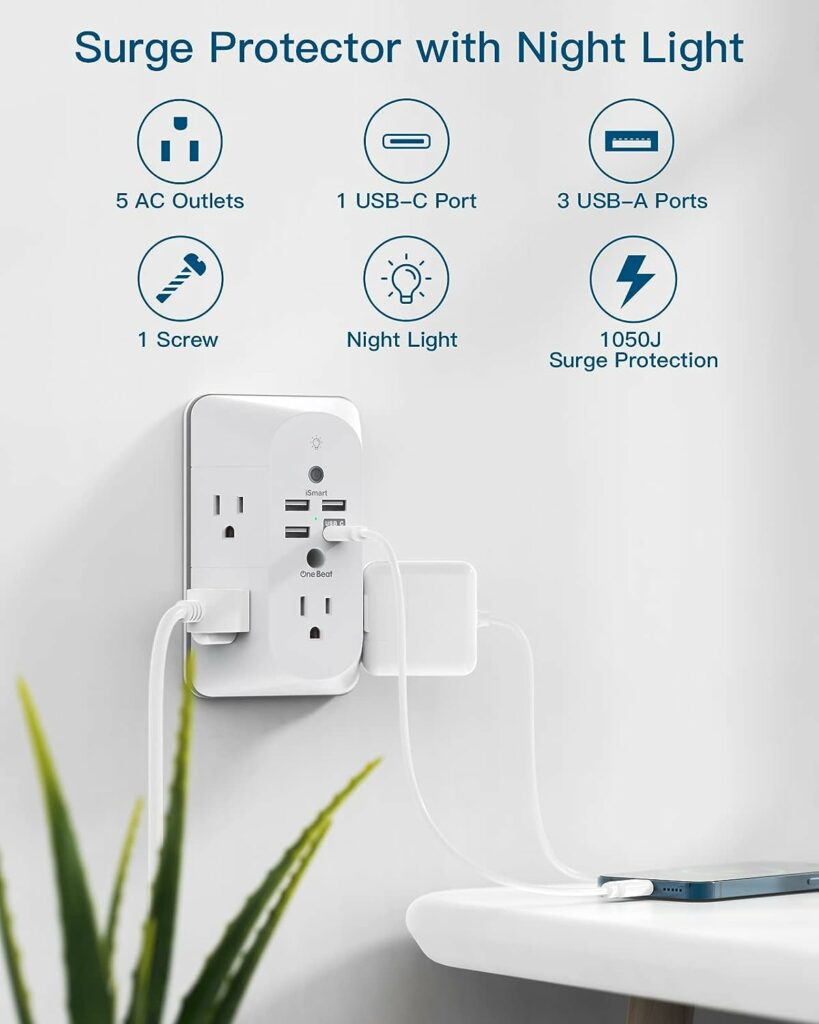 Outlet Extender with Night Light, Surge Protector, Power Strip, 5 Outlet Splitter (3 Side) and 4 USB Charger(1 USB C), USB Wall Charger, Multi Plug Outlets for Home, Office, Dorm Room Essentials Outlet Extender with Night Light, Surge Protector, Power Strip, 5 Outlet Splitter (3 Side) and 4 USB Charger(1 USB C), USB Wall Charger, Multi Plug Outlets for Home, Office, Dorm Room Essentials