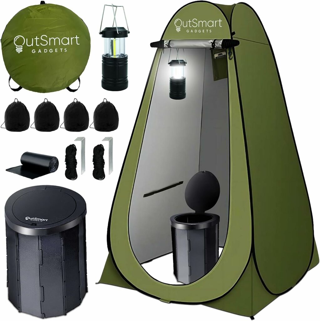 Outsmart Gadgets Outdoor Portable Toilet Set with Camping Night Lantern, Folding XL Toilet, Pop Up Privacy Tent and Carry Bags, Day and Night Multipurpose Potty, Washable and Foldable for RV Travel Outsmart Gadgets Outdoor Portable Toilet Set with Camping Night Lantern, Folding XL Toilet, Pop Up Privacy Tent and Carry Bags, Day and Night Multipurpose Potty, Washable and Foldable for RV Travel
