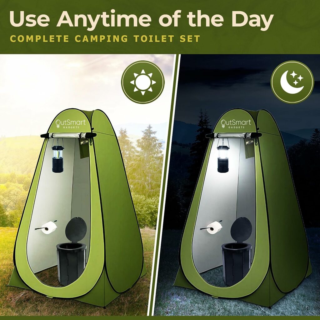 Outsmart Gadgets Outdoor Portable Toilet Set with Camping Night Lantern, Folding XL Toilet, Pop Up Privacy Tent and Carry Bags, Day and Night Multipurpose Potty, Washable and Foldable for RV Travel Outsmart Gadgets Outdoor Portable Toilet Set with Camping Night Lantern, Folding XL Toilet, Pop Up Privacy Tent and Carry Bags, Day and Night Multipurpose Potty, Washable and Foldable for RV Travel