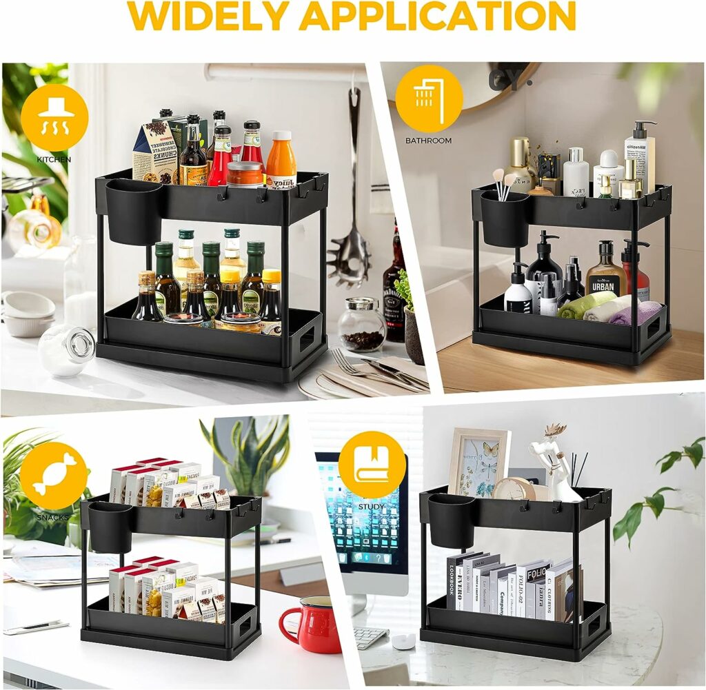 Ravinte 2 Pack Pull Out Under Sink Organizer 2 Tier Multi Purpose  For Bathroom Kitchen Sink Storage Organizer With Hook  Hanging Cup Matte Black Sliding Cabinet Organizer Ravinte 2 Pack Pull Out Under Sink Organizer 2 Tier Multi Purpose  For Bathroom Kitchen Sink Storage Organizer With Hook  Hanging Cup Matte Black Sliding Cabinet Organizer