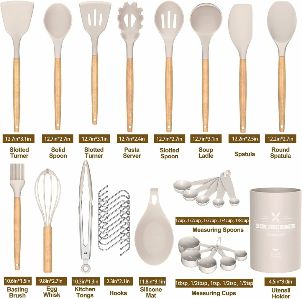 Umite Chef Kitchen Cooking Utensils Set, 33 pcs Non-Stick Silicone Cooking Kitchen Utensils Spatula Set with Holder, Wooden Handle Silicone Kitchen Gadgets Utensil Set (Khaki) Umite Chef Kitchen Cooking Utensils Set, 33 pcs Non-Stick Silicone Cooking Kitchen Utensils Spatula Set with Holder, Wooden Handle Silicone Kitchen Gadgets Utensil Set (Khaki)