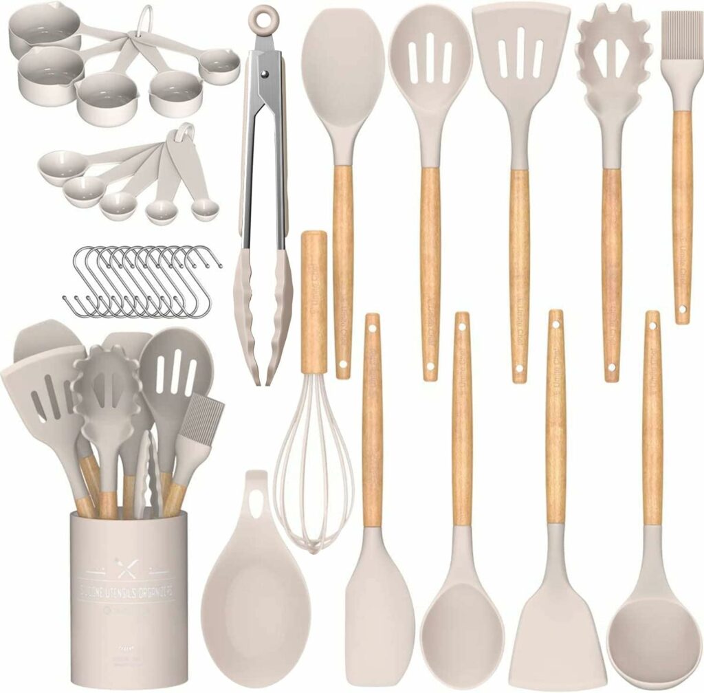 Umite Chef Kitchen Cooking Utensils Set, 33 pcs Non-Stick Silicone Cooking Kitchen Utensils Spatula Set with Holder, Wooden Handle Silicone Kitchen Gadgets Utensil Set (Khaki) Umite Chef Kitchen Cooking Utensils Set, 33 pcs Non-Stick Silicone Cooking Kitchen Utensils Spatula Set with Holder, Wooden Handle Silicone Kitchen Gadgets Utensil Set (Khaki)