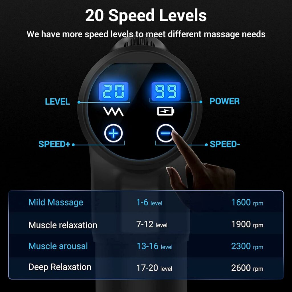 AERLANG Deep Tissue Massager, Portable Massage Gun for Back Neck Muscle Relieve, Quiet Brushless Motor 20 Variable Speeds Digital Display 6 Massage Heads and Carrying Case AERLANG Deep Tissue Massager, Portable Massage Gun for Back Neck Muscle Relieve, Quiet Brushless Motor 20 Variable Speeds Digital Display 6 Massage Heads and Carrying Case