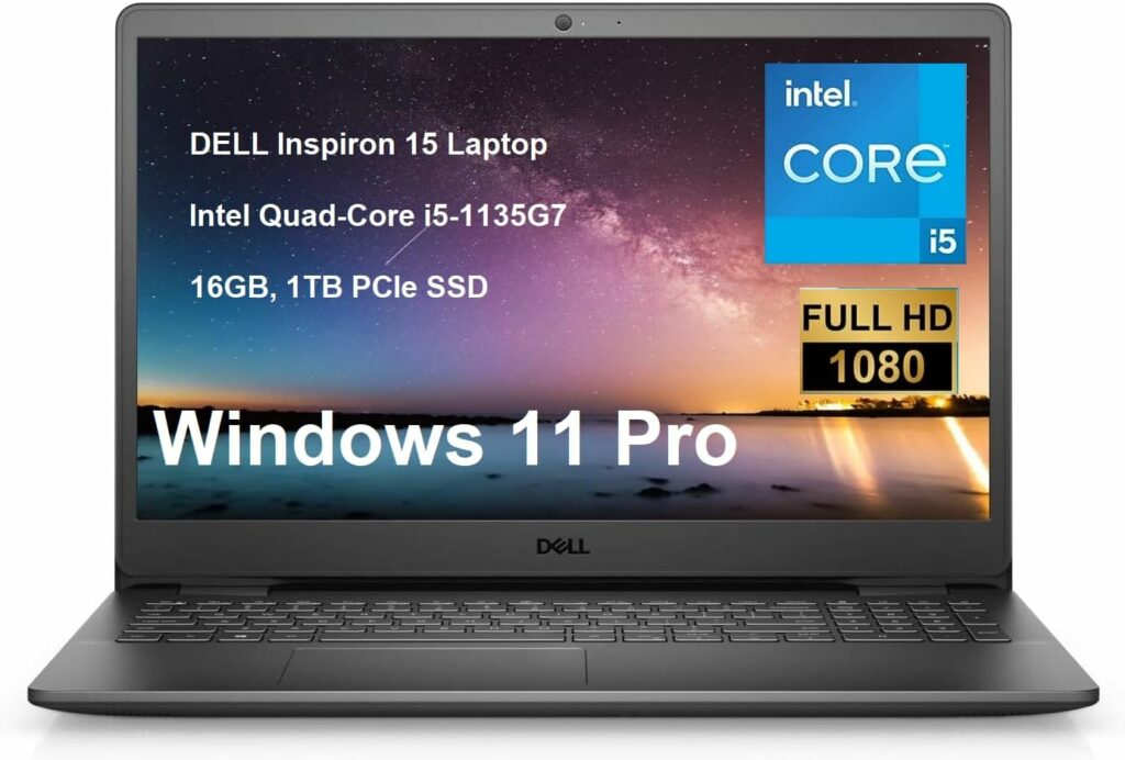 Dell 2023 Inspiron 15 Business Laptop, 15.6 1920x1080 FHD Display, Intel Quad-Core i5-1135G7 2.4 GHz, 16GB DDR4, 1TB PCIe SSD, Windows 11 Pro,Webcam, SD Card Reader, WiFi,Bluetooth, Carbon Black Dell 2023 Inspiron 15 Business Laptop, 15.6 1920x1080 FHD Display, Intel Quad-Core i5-1135G7 2.4 GHz, 16GB DDR4, 1TB PCIe SSD, Windows 11 Pro,Webcam, SD Card Reader, WiFi,Bluetooth, Carbon Black