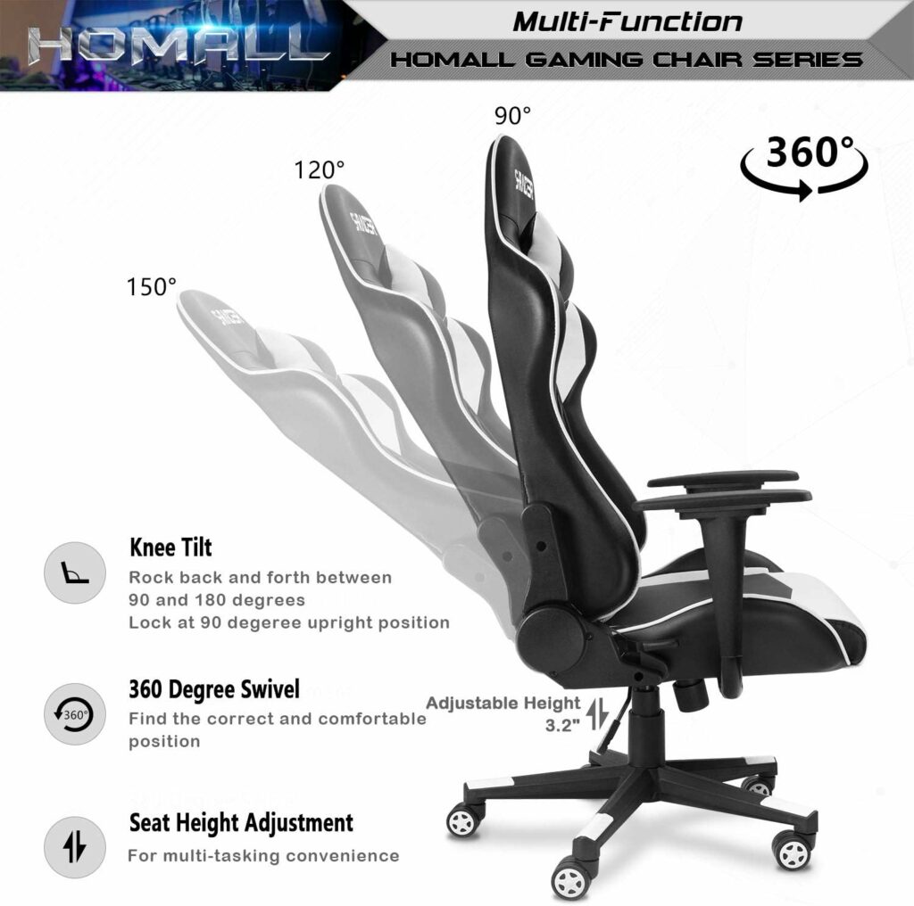 Homall Gaming Chair, Office Chair High Back Computer Chair Leather Desk Chair Racing Executive Ergonomic Adjustable Swivel Task Chair with Headrest and Lumbar Support (White) Homall Gaming Chair, Office Chair High Back Computer Chair Leather Desk Chair Racing Executive Ergonomic Adjustable Swivel Task Chair with Headrest and Lumbar Support (White)