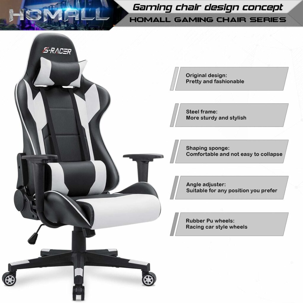 Homall Gaming Chair, Office Chair High Back Computer Chair Leather Desk Chair Racing Executive Ergonomic Adjustable Swivel Task Chair with Headrest and Lumbar Support (White) Homall Gaming Chair, Office Chair High Back Computer Chair Leather Desk Chair Racing Executive Ergonomic Adjustable Swivel Task Chair with Headrest and Lumbar Support (White)