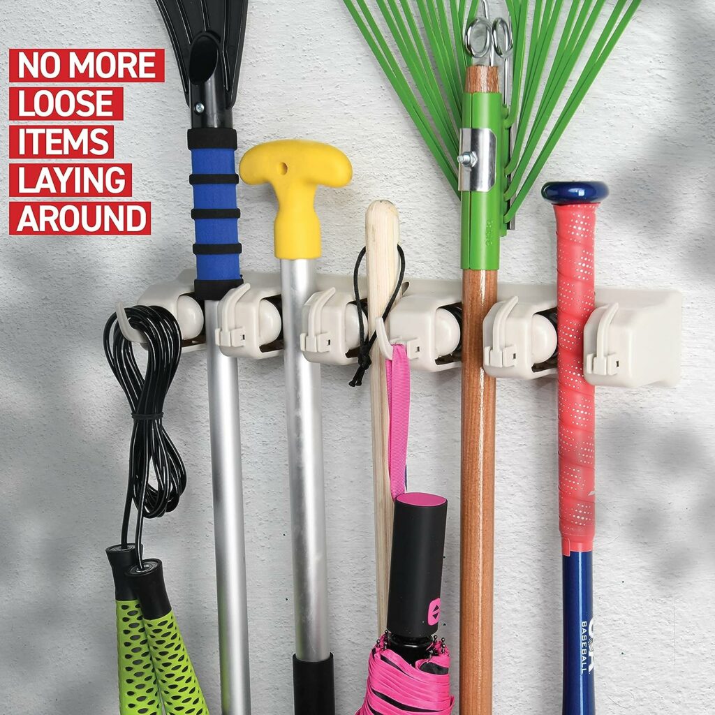 HOME IT Mop And Broom Holder - Garage Storage Systems with 5 Slots, 6 Hooks, 7.5lbs Capacity Per Slot - Garden Tool Organizer For 11 Tools - For Home, Kitchen, Closet, Garage, Laundry Room - Off-White HOME IT Mop And Broom Holder - Garage Storage Systems with 5 Slots, 6 Hooks, 7.5lbs Capacity Per Slot - Garden Tool Organizer For 11 Tools - For Home, Kitchen, Closet, Garage, Laundry Room - Off-White