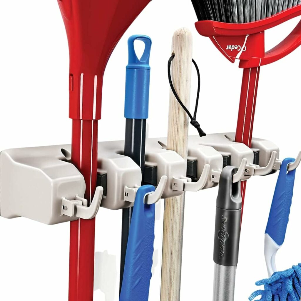 HOME IT Mop And Broom Holder - Garage Storage Systems with 5 Slots, 6 Hooks, 7.5lbs Capacity Per Slot - Garden Tool Organizer For 11 Tools - For Home, Kitchen, Closet, Garage, Laundry Room - Off-White HOME IT Mop And Broom Holder - Garage Storage Systems with 5 Slots, 6 Hooks, 7.5lbs Capacity Per Slot - Garden Tool Organizer For 11 Tools - For Home, Kitchen, Closet, Garage, Laundry Room - Off-White