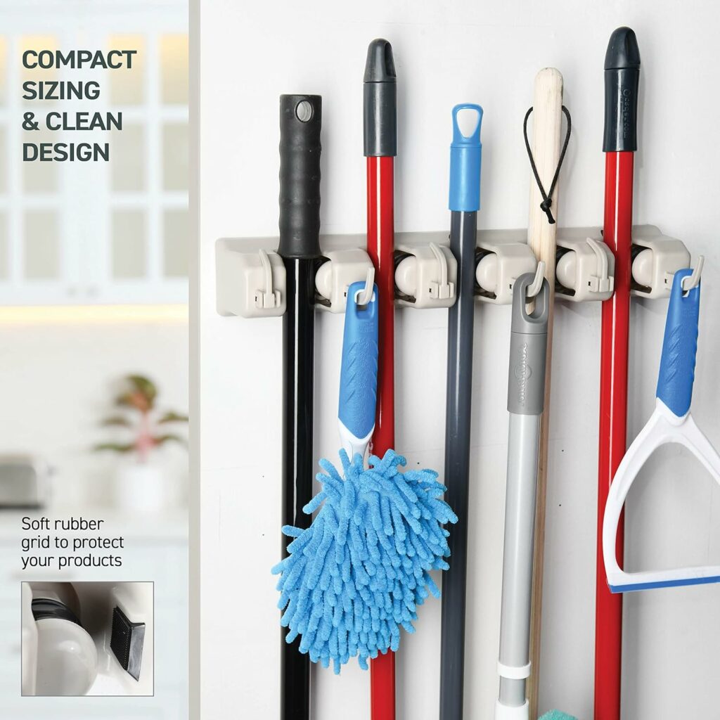 HOME IT Mop And Broom Holder - Garage Storage Systems with 5 Slots, 6 Hooks, 7.5lbs Capacity Per Slot - Garden Tool Organizer For 11 Tools - For Home, Kitchen, Closet, Garage, Laundry Room - Off-White HOME IT Mop And Broom Holder - Garage Storage Systems with 5 Slots, 6 Hooks, 7.5lbs Capacity Per Slot - Garden Tool Organizer For 11 Tools - For Home, Kitchen, Closet, Garage, Laundry Room - Off-White