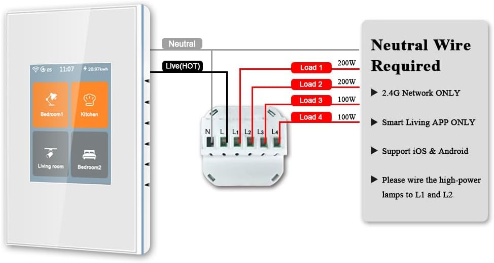 LANBON 4 Gang Smart Switch L8-HS4G, LCD Touch WiFi Smart Light Switch Neutral Wire Required Work with Smart Living APP Supports Alexa  Google Home  Siri LANBON 4 Gang Smart Switch L8-HS4G, LCD Touch WiFi Smart Light Switch Neutral Wire Required Work with Smart Living APP Supports Alexa  Google Home  Siri