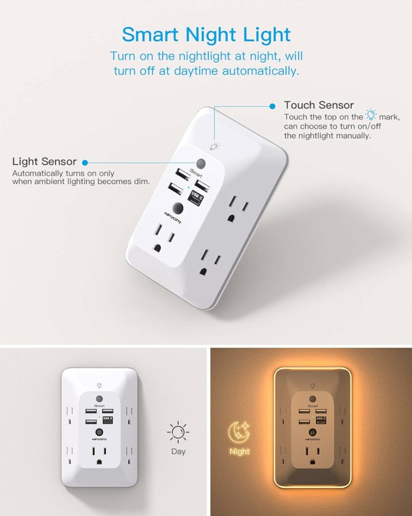 Outlet Extender with Night Light, Multi Plug Outlet, USB Wall Charger Surge Protector 4 USB Charging Port(1USB C), Power Strip Electrical Outlet Splitter Expander for Home Office Dorm Room ETL Listed Outlet Extender with Night Light, Multi Plug Outlet, USB Wall Charger Surge Protector 4 USB Charging Port(1USB C), Power Strip Electrical Outlet Splitter Expander for Home Office Dorm Room ETL Listed