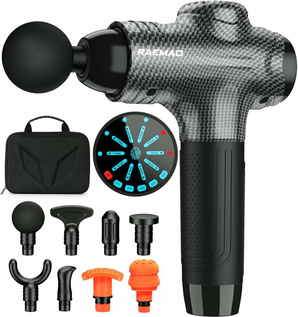 RAEMAO Massage Gun Deep Tissue, Back Massage Gun for Athletes for Pain Relief Attaching 8 PCS Specialized Replacement Heads, Percussion Massager with 10 Speeds  LED Screen, Carbon RAEMAO Massage Gun Deep Tissue, Back Massage Gun for Athletes for Pain Relief Attaching 8 PCS Specialized Replacement Heads, Percussion Massager with 10 Speeds  LED Screen, Carbon