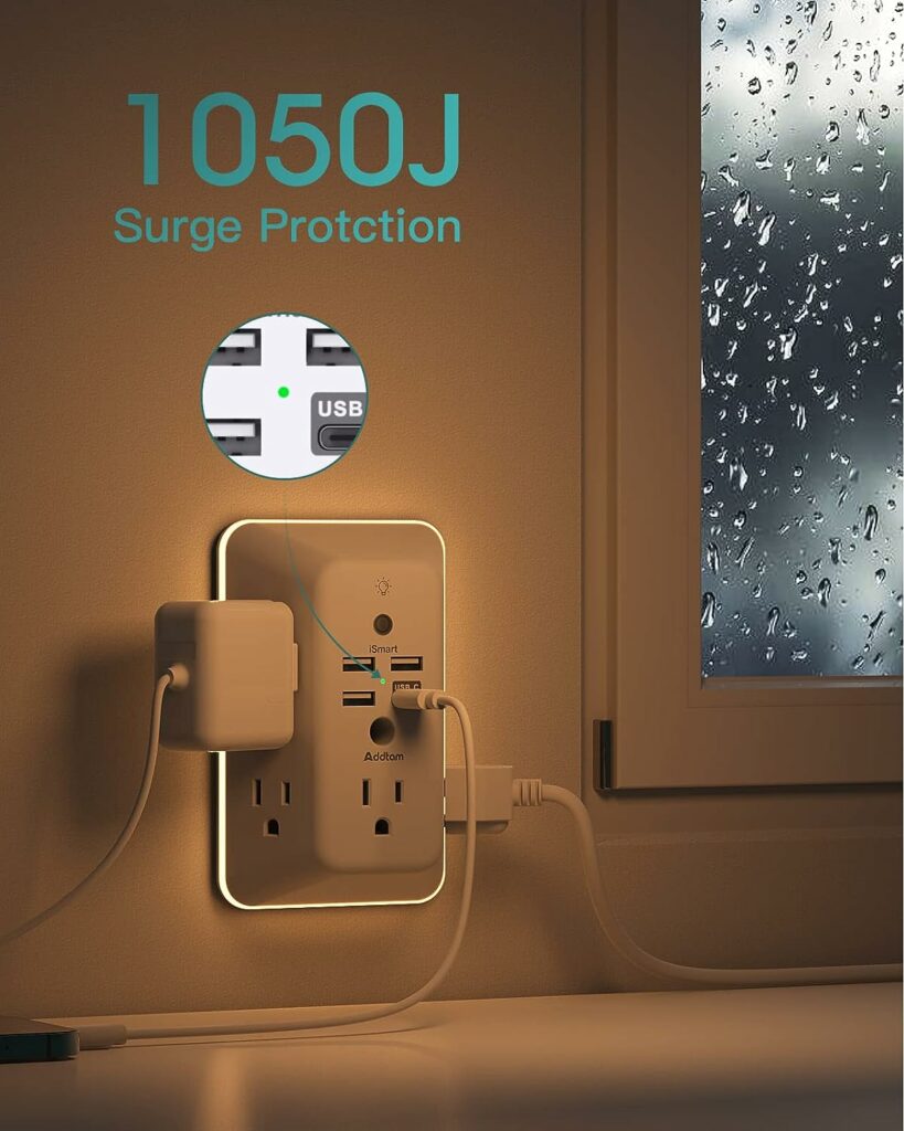 Surge Protector, Multi Plug Outlet Extender with Night Light for Home, Office, School, Addtam 5-Outlet Splitter and 4 USB Ports(1 USB C), Wall Charger Power Strip, ETL Listed Surge Protector, Multi Plug Outlet Extender with Night Light for Home, Office, School, Addtam 5-Outlet Splitter and 4 USB Ports(1 USB C), Wall Charger Power Strip, ETL Listed