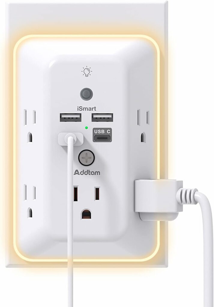 Surge Protector, Multi Plug Outlet Extender with Night Light for Home, Office, School, Addtam 5-Outlet Splitter and 4 USB Ports(1 USB C), Wall Charger Power Strip, ETL Listed Surge Protector, Multi Plug Outlet Extender with Night Light for Home, Office, School, Addtam 5-Outlet Splitter and 4 USB Ports(1 USB C), Wall Charger Power Strip, ETL Listed