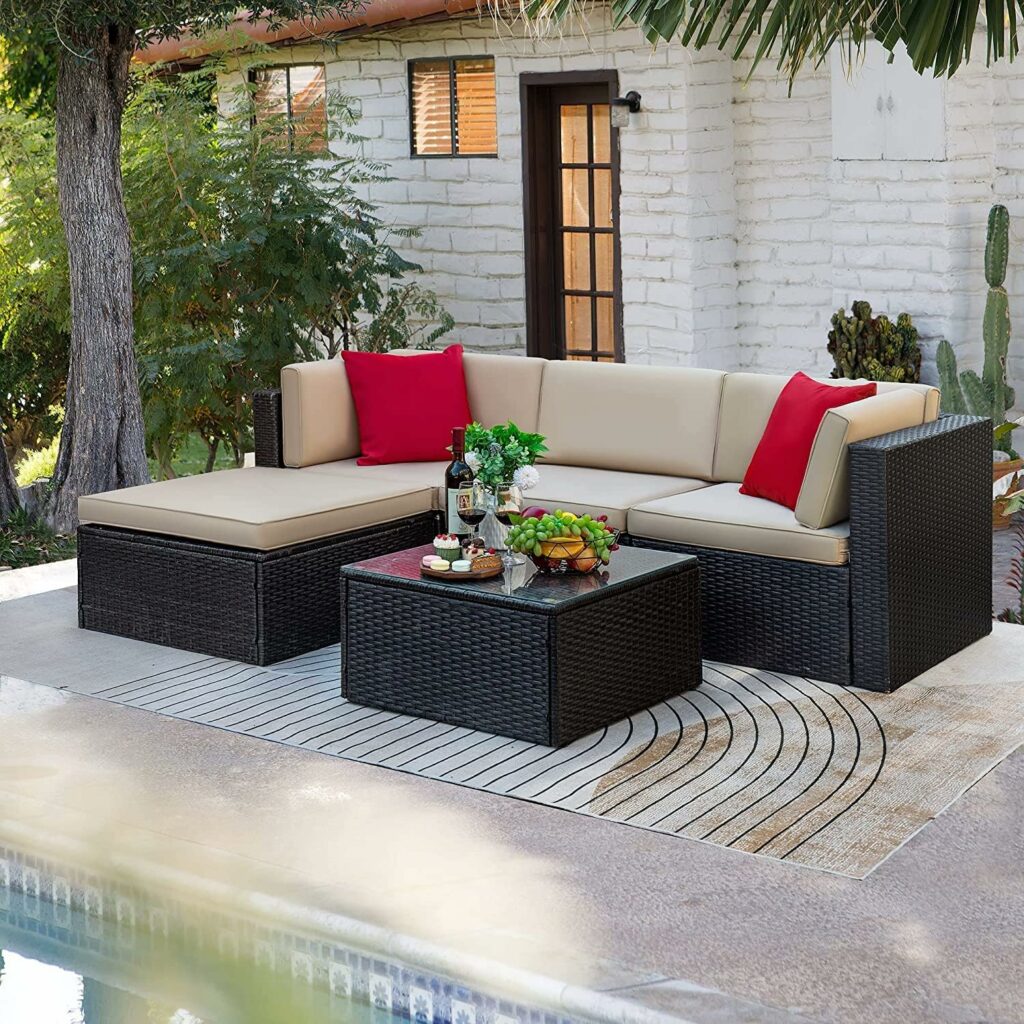Tuoze 5 Pieces Patio Furniture Sectional Outdoor PE Rattan Wicker Lawn Conversation Cushioned Garden Sofa Set with Glass Coffee Table (Beige) Tuoze 5 Pieces Patio Furniture Sectional Outdoor PE Rattan Wicker Lawn Conversation Cushioned Garden Sofa Set with Glass Coffee Table (Beige)