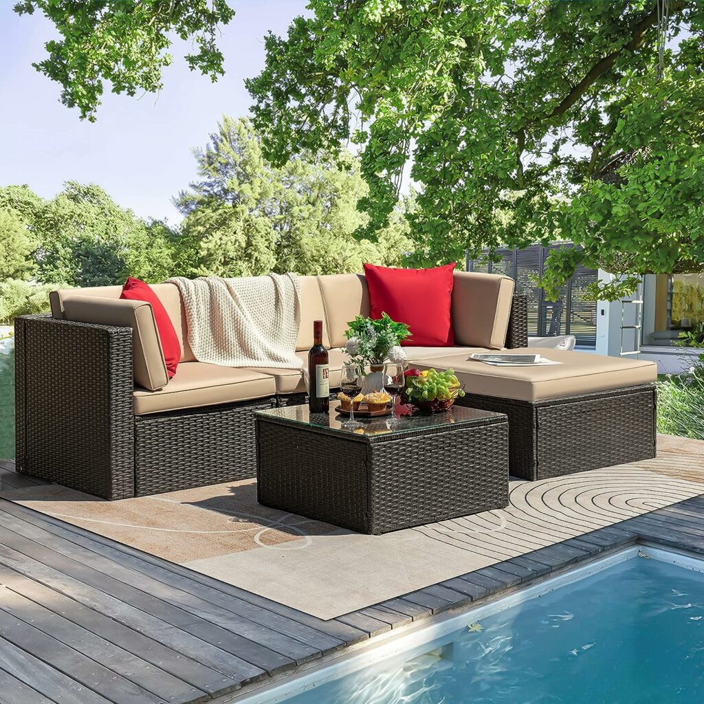 Tuoze 5 Pieces Patio Furniture Sectional Outdoor PE Rattan Wicker Lawn Conversation Cushioned Garden Sofa Set with Glass Coffee Table (Beige) Tuoze 5 Pieces Patio Furniture Sectional Outdoor PE Rattan Wicker Lawn Conversation Cushioned Garden Sofa Set with Glass Coffee Table (Beige)
