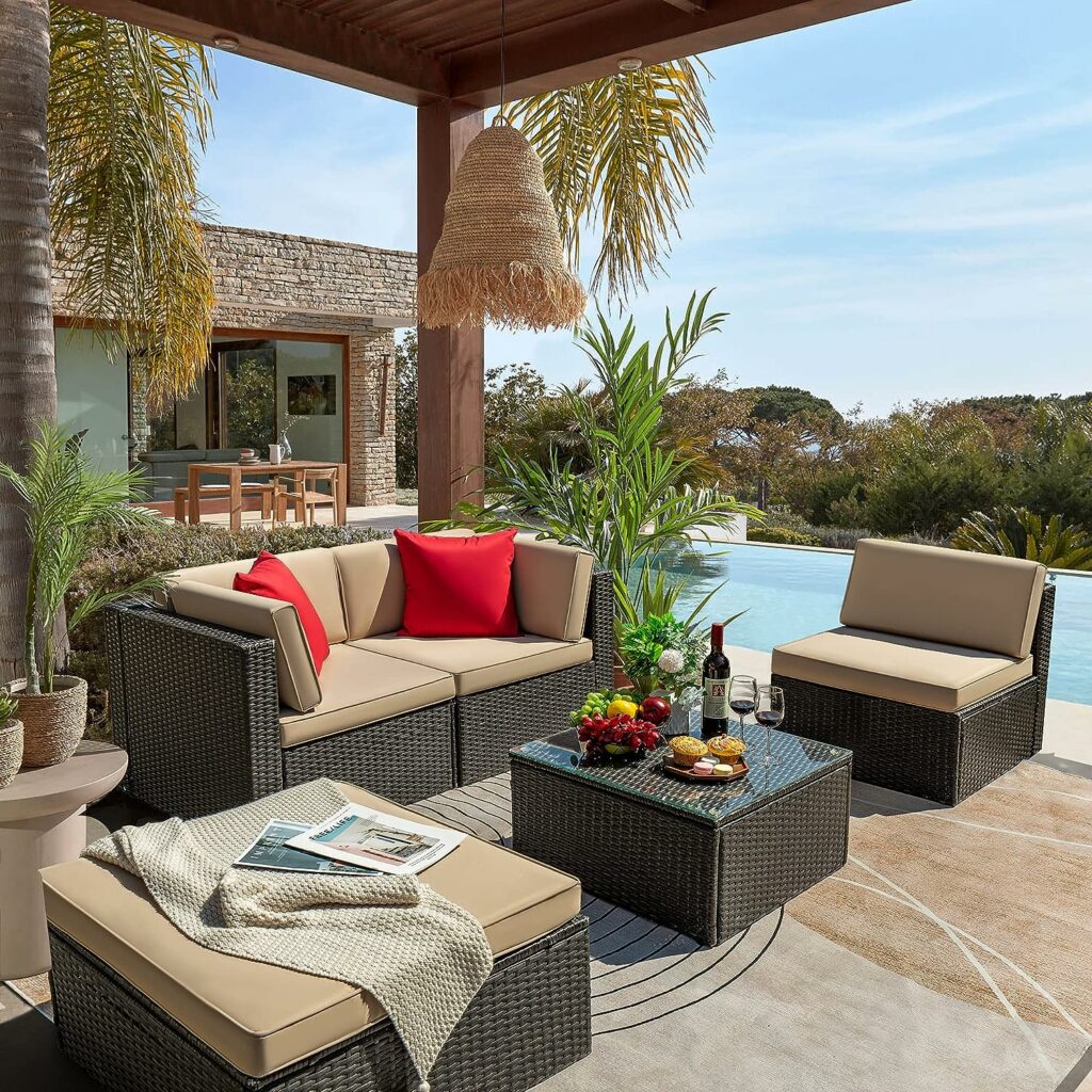 Tuoze 5 Pieces Patio Furniture Sectional Outdoor PE Rattan Wicker Lawn Conversation Cushioned Garden Sofa Set with Glass Coffee Table (Beige) Tuoze 5 Pieces Patio Furniture Sectional Outdoor PE Rattan Wicker Lawn Conversation Cushioned Garden Sofa Set with Glass Coffee Table (Beige)