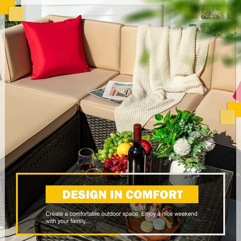 Tuoze 5 Pieces Patio Furniture Sectional Outdoor PE Rattan Wicker Lawn Conversation Cushioned Garden Sofa Set with Glass Coffee Table (Beige) Tuoze 5 Pieces Patio Furniture Sectional Outdoor PE Rattan Wicker Lawn Conversation Cushioned Garden Sofa Set with Glass Coffee Table (Beige)