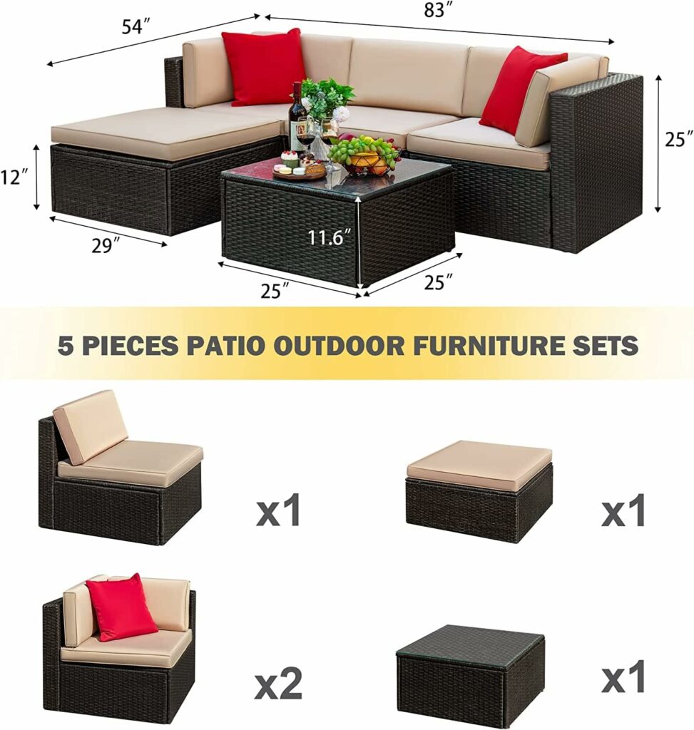 Tuoze 5 Pieces Patio Furniture Sectional Outdoor PE Rattan Wicker Lawn Conversation Cushioned Garden Sofa Set with Glass Coffee Table (Beige) Tuoze 5 Pieces Patio Furniture Sectional Outdoor PE Rattan Wicker Lawn Conversation Cushioned Garden Sofa Set with Glass Coffee Table (Beige)