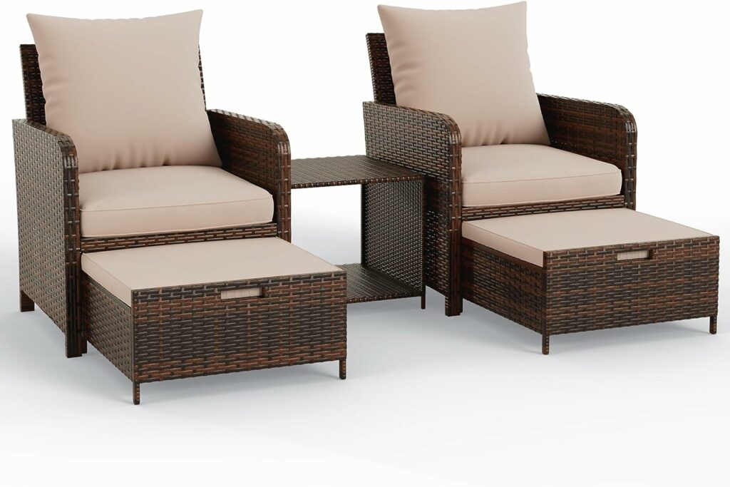 UDPATIO Balcony Furniture 5 Piece Patio Furniture Set, Outdoor Patio Chair with Ottoman for Front Porch Deck, Wicker Lounge Chair with Side Table, Khaki UDPATIO Balcony Furniture 5 Piece Patio Furniture Set, Outdoor Patio Chair with Ottoman for Front Porch Deck, Wicker Lounge Chair with Side Table, Khaki