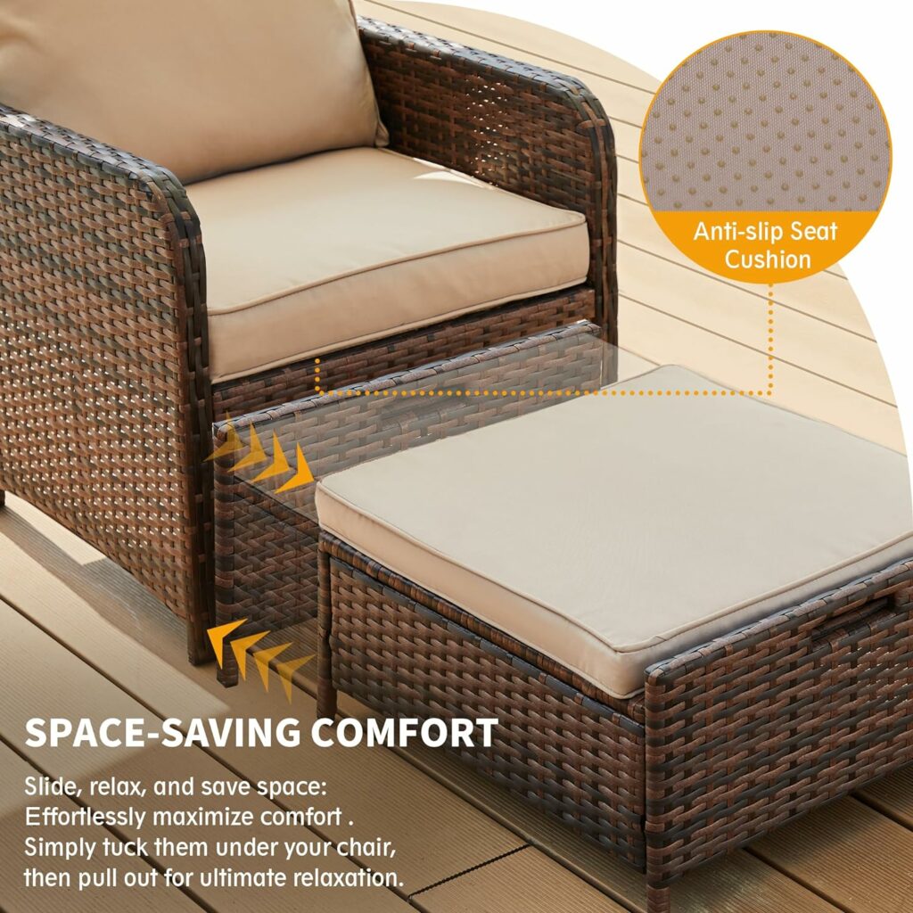 UDPATIO Balcony Furniture 5 Piece Patio Furniture Set, Outdoor Patio Chair with Ottoman for Front Porch Deck, Wicker Lounge Chair with Side Table, Khaki UDPATIO Balcony Furniture 5 Piece Patio Furniture Set, Outdoor Patio Chair with Ottoman for Front Porch Deck, Wicker Lounge Chair with Side Table, Khaki