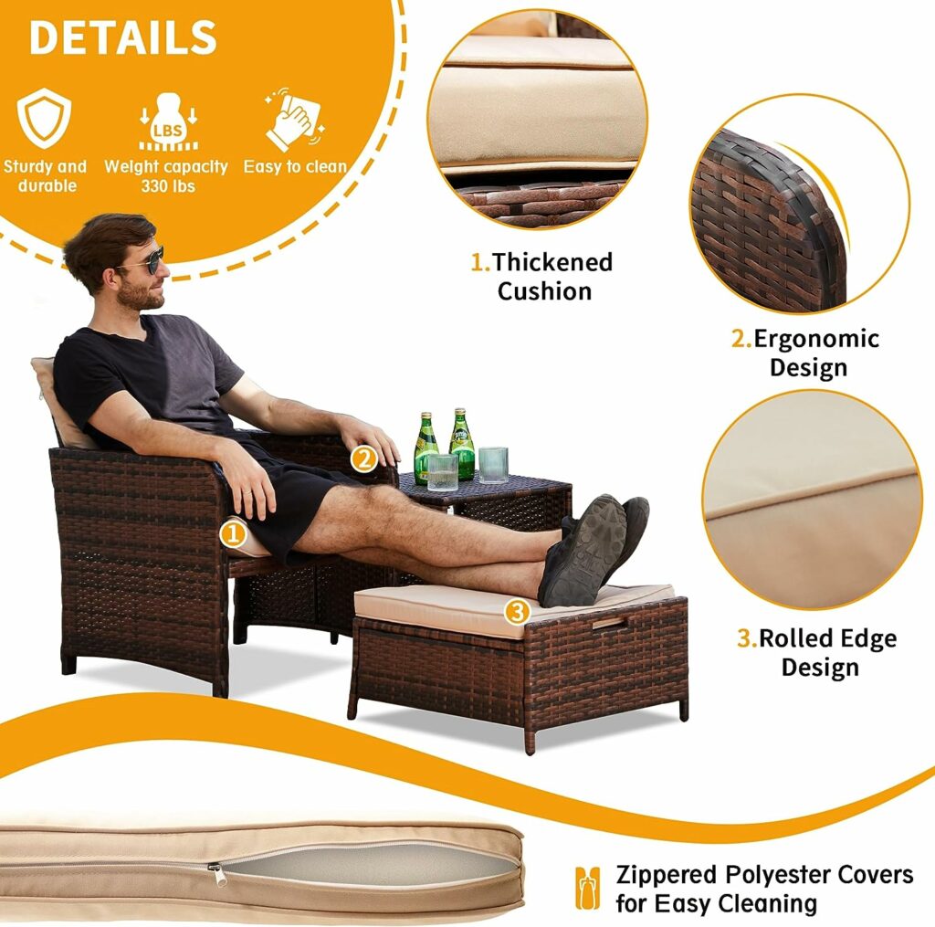 UDPATIO Balcony Furniture 5 Piece Patio Furniture Set, Outdoor Patio Chair with Ottoman for Front Porch Deck, Wicker Lounge Chair with Side Table, Khaki UDPATIO Balcony Furniture 5 Piece Patio Furniture Set, Outdoor Patio Chair with Ottoman for Front Porch Deck, Wicker Lounge Chair with Side Table, Khaki