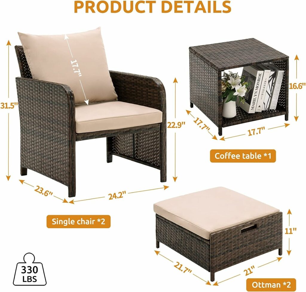 UDPATIO Balcony Furniture 5 Piece Patio Furniture Set, Outdoor Patio Chair with Ottoman for Front Porch Deck, Wicker Lounge Chair with Side Table, Khaki UDPATIO Balcony Furniture 5 Piece Patio Furniture Set, Outdoor Patio Chair with Ottoman for Front Porch Deck, Wicker Lounge Chair with Side Table, Khaki