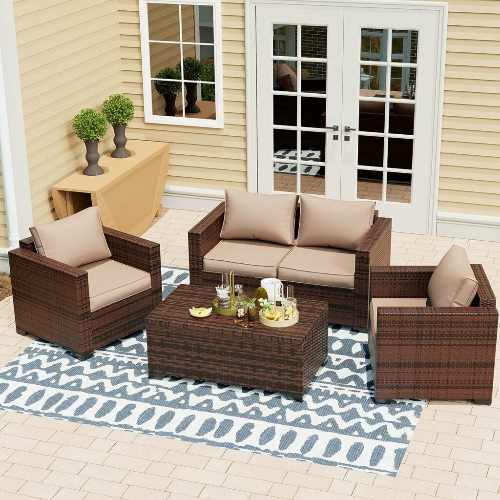 UDPATIO Outdoor Patio Furniture, 4 Pieces Outdoor Sectional Patio Set with Storage Coffee Table and Khaki Cushions, Patio Loveseats Balcony Furniture for Small Space UDPATIO Outdoor Patio Furniture, 4 Pieces Outdoor Sectional Patio Set with Storage Coffee Table and Khaki Cushions, Patio Loveseats Balcony Furniture for Small Space