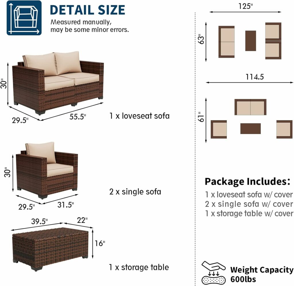 UDPATIO Outdoor Patio Furniture, 4 Pieces Outdoor Sectional Patio Set with Storage Coffee Table and Khaki Cushions, Patio Loveseats Balcony Furniture for Small Space UDPATIO Outdoor Patio Furniture, 4 Pieces Outdoor Sectional Patio Set with Storage Coffee Table and Khaki Cushions, Patio Loveseats Balcony Furniture for Small Space