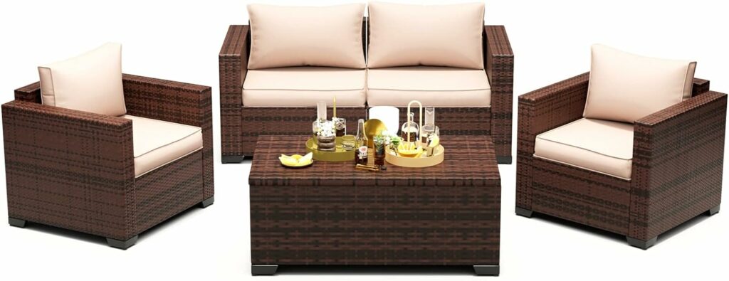 UDPATIO Outdoor Patio Furniture, 4 Pieces Outdoor Sectional Patio Set with Storage Coffee Table and Khaki Cushions, Patio Loveseats Balcony Furniture for Small Space UDPATIO Outdoor Patio Furniture, 4 Pieces Outdoor Sectional Patio Set with Storage Coffee Table and Khaki Cushions, Patio Loveseats Balcony Furniture for Small Space