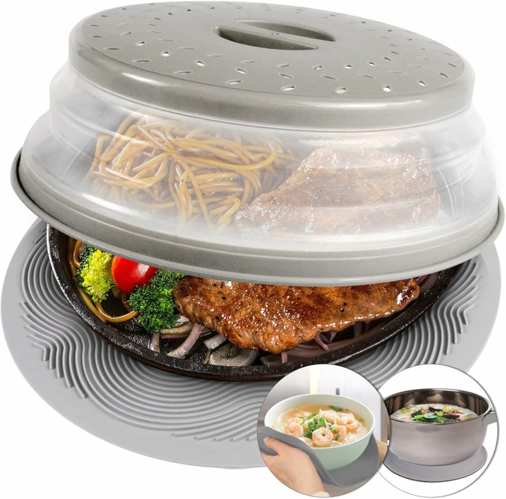 2 in 1, Aidacom Microwave Mat  Food Cover- Mat as Bowl Holder, Cover for Splatter Guard, Multi-use: Silicone Trivet, Pot Holders, Drying, Baking, Place Mat, Utensils Rest for Kitchen Counter, Grey 2 in 1, Aidacom Microwave Mat  Food Cover- Mat as Bowl Holder, Cover for Splatter Guard, Multi-use: Silicone Trivet, Pot Holders, Drying, Baking, Place Mat, Utensils Rest for Kitchen Counter, Grey