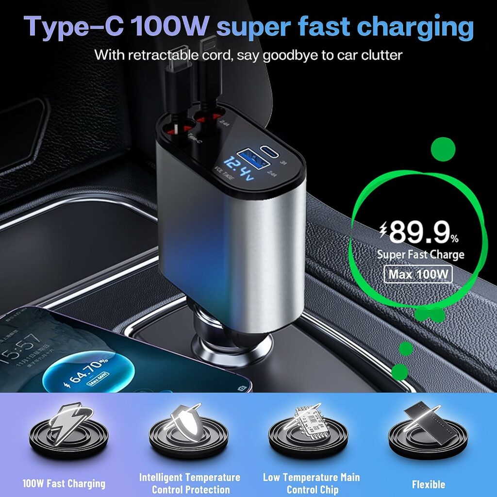 4 in 1 Retractable Car Charger,Car Fast Charger with iPhone and Type C Cable and 2 Charging Ports,Compatible with iPhone 14 Pro Max/13/12/11/iPad, Galaxy S23/S22/S10, Google 4 in 1 Retractable Car Charger,Car Fast Charger with iPhone and Type C Cable and 2 Charging Ports,Compatible with iPhone 14 Pro Max/13/12/11/iPad, Galaxy S23/S22/S10, Google