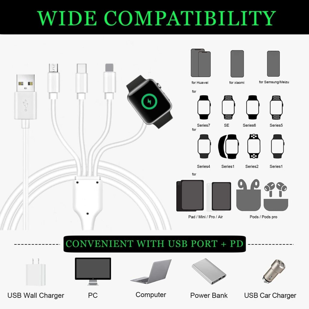 4 in 1 Watch  Phone Charger Cable, Multi USB Charging Cable - Type C Cable, Fast Magnetic, Charging Cord Compatible with Apple Watch, iPhone, Galaxy, Pixel, Android, Watch, Pods  More / 3.3ft 4 in 1 Watch  Phone Charger Cable, Multi USB Charging Cable - Type C Cable, Fast Magnetic, Charging Cord Compatible with Apple Watch, iPhone, Galaxy, Pixel, Android, Watch, Pods  More / 3.3ft