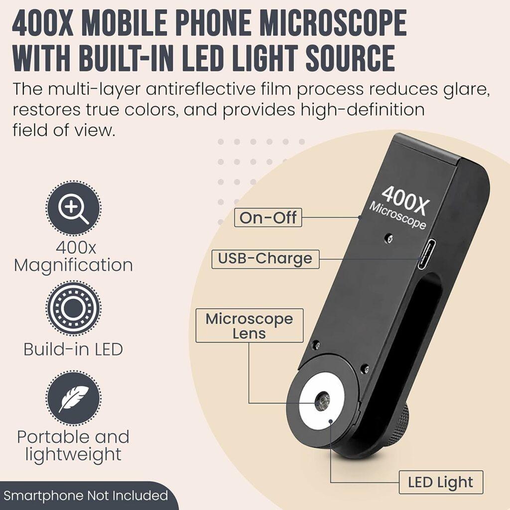 400x Pocket Microscope for Kids-Adults with LED Light. Compatible with 98 Percent of Mobile Phones. This Digital Mini Microscope for Phone is one of The Cool Tech Gadgets of 2023 - Watch Video 400x Pocket Microscope for Kids-Adults with LED Light. Compatible with 98 Percent of Mobile Phones. This Digital Mini Microscope for Phone is one of The Cool Tech Gadgets of 2023 - Watch Video
