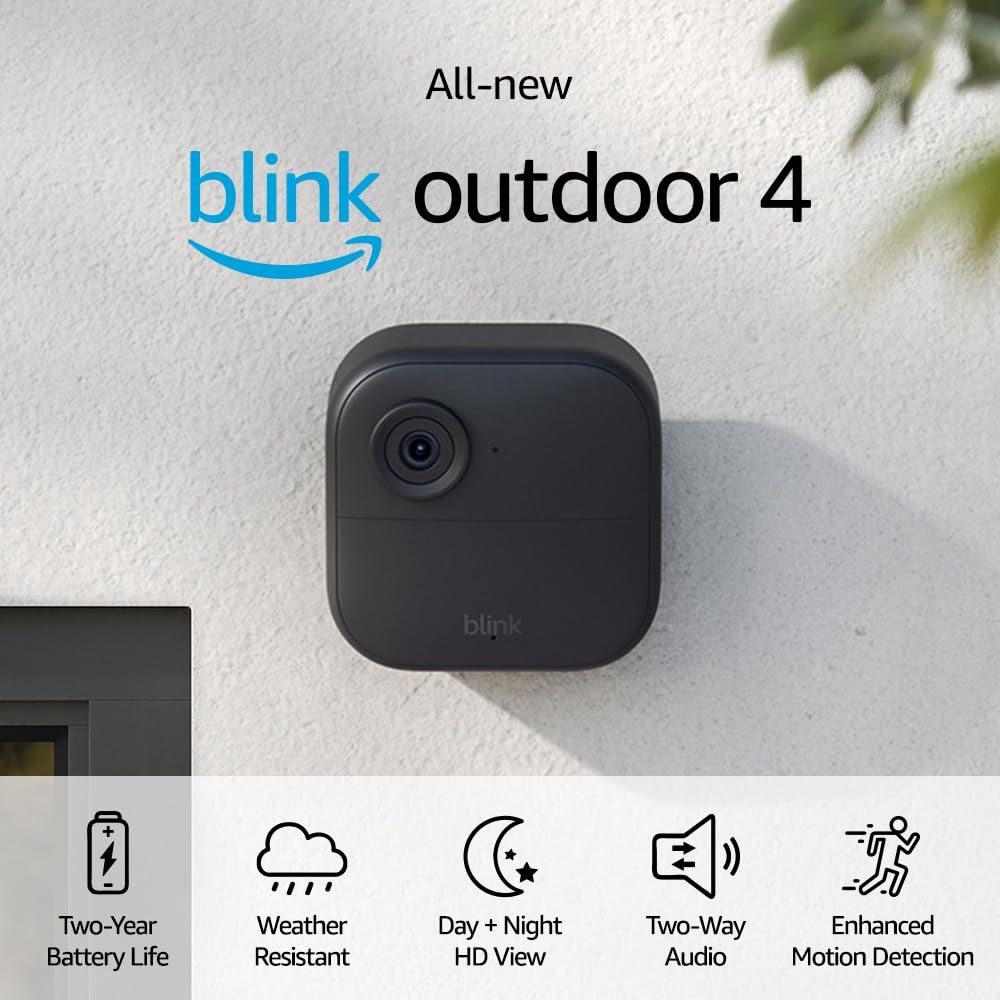 All-new Blink Outdoor 4 (4th Gen) – Wire-free smart security camera, two-year battery life, two-way audio, HD live view, enhanced motion detection, Works with Alexa – 2 camera system All-new Blink Outdoor 4 (4th Gen) – Wire-free smart security camera, two-year battery life, two-way audio, HD live view, enhanced motion detection, Works with Alexa – 2 camera system